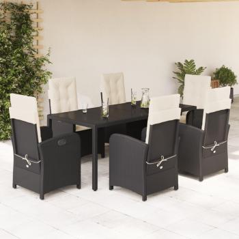 7-Piece Black Poly Rattan Garden Dining Set with Cushions