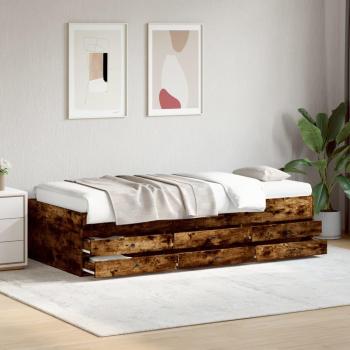 Sofá cama con cajones de madera de ingeniería en color roble ahumado, 90x200 cm, sin colchón