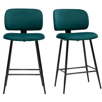 Set de 2 taburetes de cocina de terciopelo azul petróleo y metal negro 70 cm de altura ATRIUM