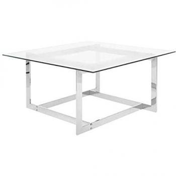 Mesa de Centro Geométrica con Marco de Metal Plateado y Tablero Cuadrado de Vidrio Templado Crystal