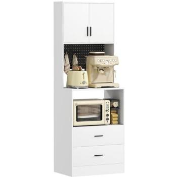 Mueble Auxiliar de Cocina Homcom con Soporte para Microondas, 2 Cajones, 2 Puertas, Estante Ajustable y Panel Perforado de Metal con 4 Ganchos, Blanco