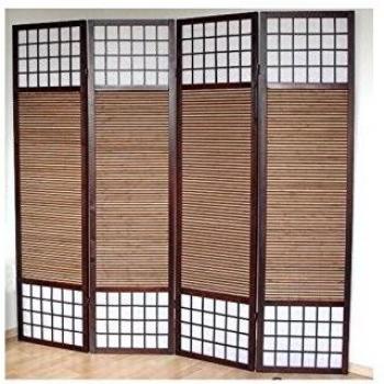 Biombo de 4 paneles marrón en madera y bambú 176 x 175 cm