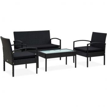 Set de Muebles de Jardín 4 Pzas con Cojines en Polirratán Negro