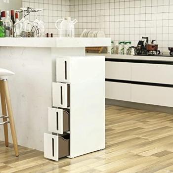 Cajonera estrecha con 4 cajones, deslizable con ruedas extraíbles, ahorro de espacio para baño, blanco y marrón o gris, 45x17x84 cm