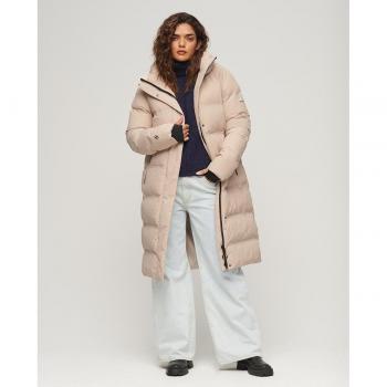 Chaqueta Puffer Longline Beige con Capucha para Mujer Superdry