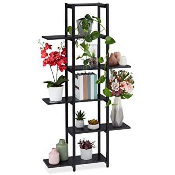 Estantería Metálica para Plantas con 6 Baldas, Escalera de Macetas Interior, Efecto Madera, 150x78x24 cm, Color Negro