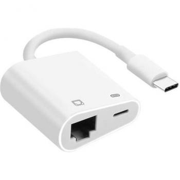 Adaptador USB-C a Ethernet con carga simultánea y conexión estable - Blanco