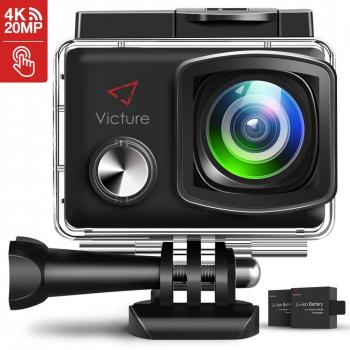 Victure Cámara Deportiva 4K 20MP Wi-Fi Pantalla Táctil EIS Impermeable Cámara Acción 30Metros 170 Grados Ajustables 2×1350mAh Baterías y Kit de Accesorios