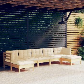 7-Piece Pinewood Garden Lounge Set with Cream Cushions