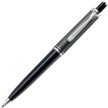 Pelikan Souverän K405 Stresemann bolígrafo con pulsador. Parte superior gris a rayas. Parte inferior negra.