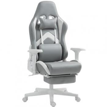 Silla Gaming Reclinable Homcom con Altura Ajustable, Reposapiés Retráctil, Soporte Lumbar y Reposacabezas Desmontable - Gris Claro y Blanco