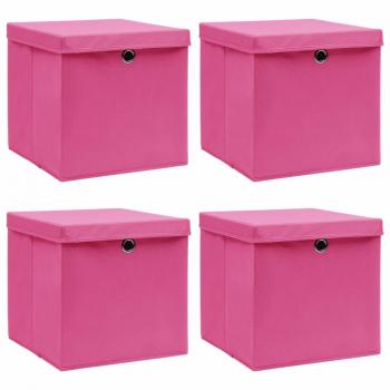 vidaXL Fabric Storage Boxes with Lids, 4 pcs, Pink, 32x32x32 cm