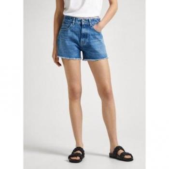 Short Line azul Pepe Jeans - Short vaquero de mujer con tiro alto y bajo deshilachado