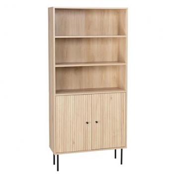 Librería de Madera Estriada y Metal Negro con 2 Puertas y 5 Estantes, H170.5cm