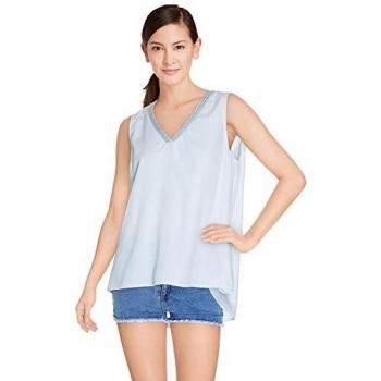 Cherry Paris PROMO-Top-Camiseta de tirantes para mujer Anouk 100% algodón de material para mujer cuello en V adorno resina trenzada. azul claro Large
