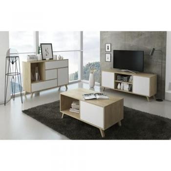 Set Wind - Conjunto de Muebles de Salón y Comedor en Melamina de Alta Calidad, Acabado Bi-Color Puccini y Blanco, Incluye Buffet, Mueble TV y Mesa de Centro, Estilo Escandinavo