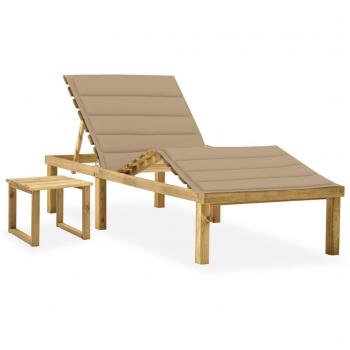 Tumbona de jardín con mesa y cojín de madera de pino impregnada Beige