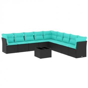 10-Piece Modular Black Poly Rattan Garden Sofa Set with Cushions