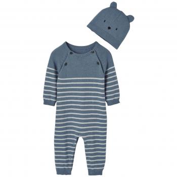VERTBAUDET Conjunto para bebé recién nacido de mono a rayas y gorro de punto tricot Azul medio a rayas 6M-67CM