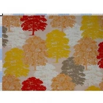 Tela de tapicería, tela de tapicería, tela de tapicería, tela, tela de la cortina, tela impresa original de tela - amarillo de La Selva, rojo - con árboles en su esplendor y diversidad
