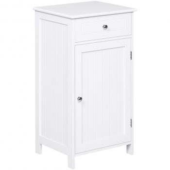 Armario de Baño con 1 Cajón 1 Puerta y Estante Ajustable Interior Mueble Auxiliar de Almacenaje para Salón Cocina Antivuelco 43x34x77 cm Blanco
