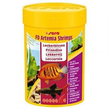 The product in question is likely a type of fish food designed to enhance the coloration of aquarium fish. It contains freeze-dried Artemia shrimp (also known as brine shrimp) which is often used as a high-quality, nutritious treat for fish