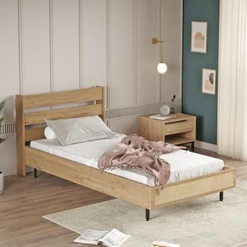 Cama simple Kvænangen 100x200 cm con cabecero en efecto roble y ratán