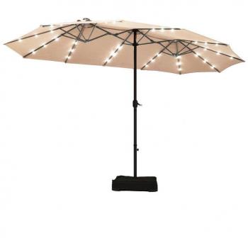 15-Foot Beige Solar LED Double-Sided Patio Umbrella with Crank