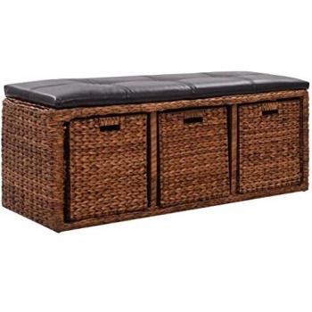 vidaXL Banco 3 Cestas Hierba Marina 105x40x42 cm Marrón Taburete Silla Canasto