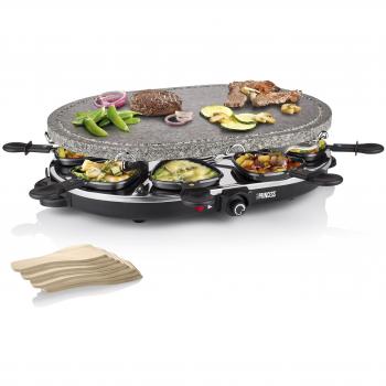 Princess 162720 Raclette y Parrilla de Piedra Ovalada para 8 personas, Superficie para cocinar de 43x30 cm, 8 sartenes y 8 espátulas incluidas, revestimiento antiadherente, 1200 W