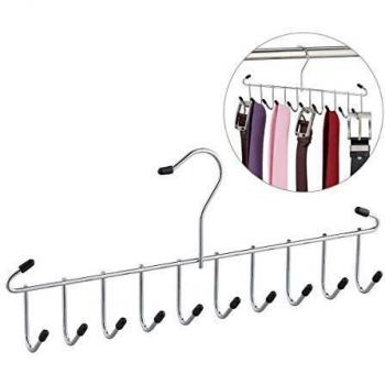 Percha Organizadora de Cinturones y Corbatas, con 12 Ganchos, Diseño Compacto, Metal y Plástico, Color Plateado - Relaxdays