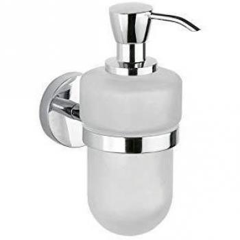 INDA - Accesorios de Baño, Serie Forum, Dispensador de Jabón de Pared en Latón Cromado y Recipiente de Cristal Satinado, Dimensiones 7,3 x 13,3 x 17,8 cm