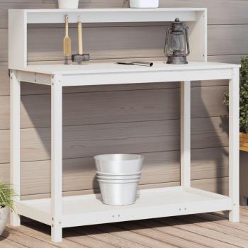 Mesa de Plantación con Estantes de Madera de Pino, Color Blanco, Dimensiones 108x50x109,5 cm