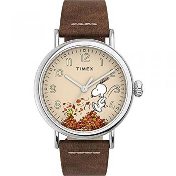 Timex Peanuts Fall Unisex Leather Watch - Brown, 40mm Silver-Tone Case with Cream Dial