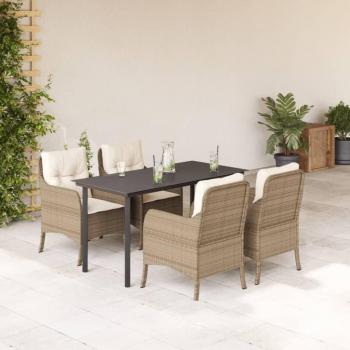 5-Piece Beige Poly Rattan Garden Dining Set with Cushions
