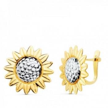 Pendientes de oro bicolor 18k con girasol de 18 mm y cierre catalán.