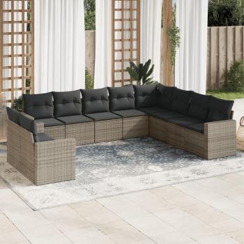 10-Piece Grey Poly Rattan Garden Sofa Set with Cushions