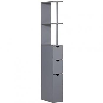 HOMCOM Columna Auxiliar de Baño Moderno Armario de Baño Mueble Auxiliar de Baño con 2 Estantes 2 Cajones y 1 Puerta Antivuelco 15x33x136,5