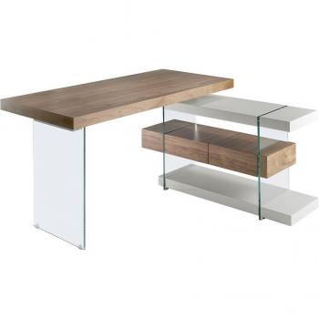 Escritorio oficina Angel Cerda 3003C nogal y cristal, dimensiones 140 x 127 x 75 cm, acabado en chapa de nogal y madera DM lacada, color nogal y cristal gris