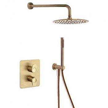 Conjunto Grifo Ducha Termostático Empotrado 2 Vías Oro Cepillado Serie Alexia con Accesorios Redondos