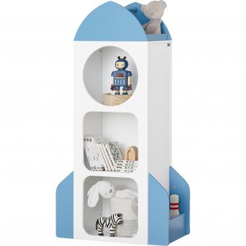 Librería Estantería para Niños con Forma de Cohete Organizador de Juguetes Infantil Multifuncional SoBuy KMB87-W, 4 Compartimentos, 2 Estantes Laterales, Blanco y Azul, Dimensiones: