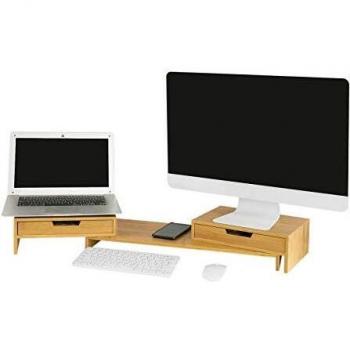SoBuy Elevador de Monitor de Bambú con 2 Cajones, Ajuste de Ancho Giratorio, Soporte para Ordenador Portátil, Dimensiones 60-108 x 22 x 11 cm, Color Natural