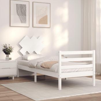 Cama individual de madera maciza con cabecero blanco de 90x200 cm