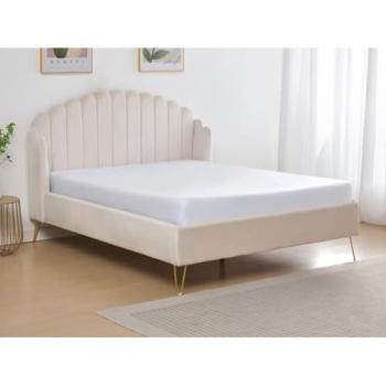 Cama 140 x 190 cm con cabecero ondulado de terciopelo beige + colchón SAGALI