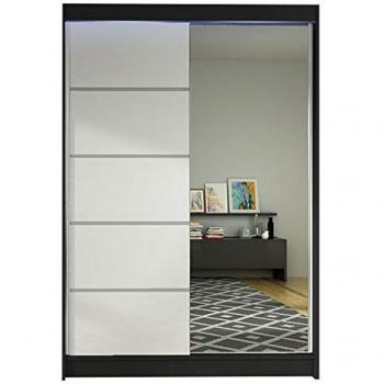 Armario Corredero Atlanta 149, Negro y Blanco, 200x120x58cm, con Espejo y LED, 5 Estantes
