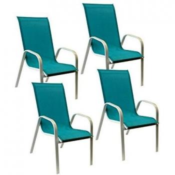 Sillas de Jardín Marbella - Lote de 4 - Azul - Apilables - Textileno con Alvéolos - Estructura de Aluminio Blanco