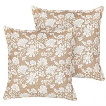 Conjunto de 2 cojines decorativos de algodón beige y blanco, estampado floral, cuadrados 45 x 45 cm, hechos a mano con funda removible