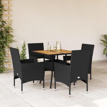 Set de comedor de jardín 5 piezas con cojines de ratán polyrattan y madera de acacia negra