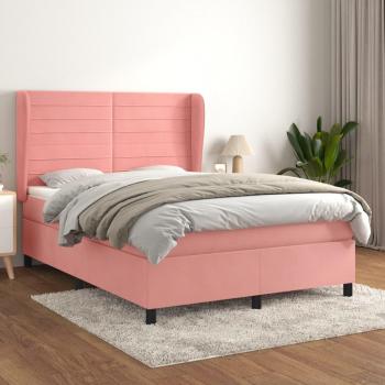 Cama box spring de muelles con colchón en terciopelo rosa 140x190 cm