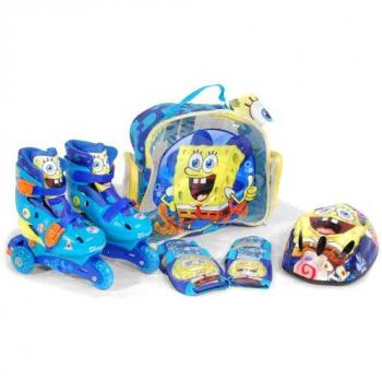 Set de Patines en Línea Bob Esponja con Casco y Protecciones para Principiantes - Tallas S/M/L, Calidad CE, +5 años